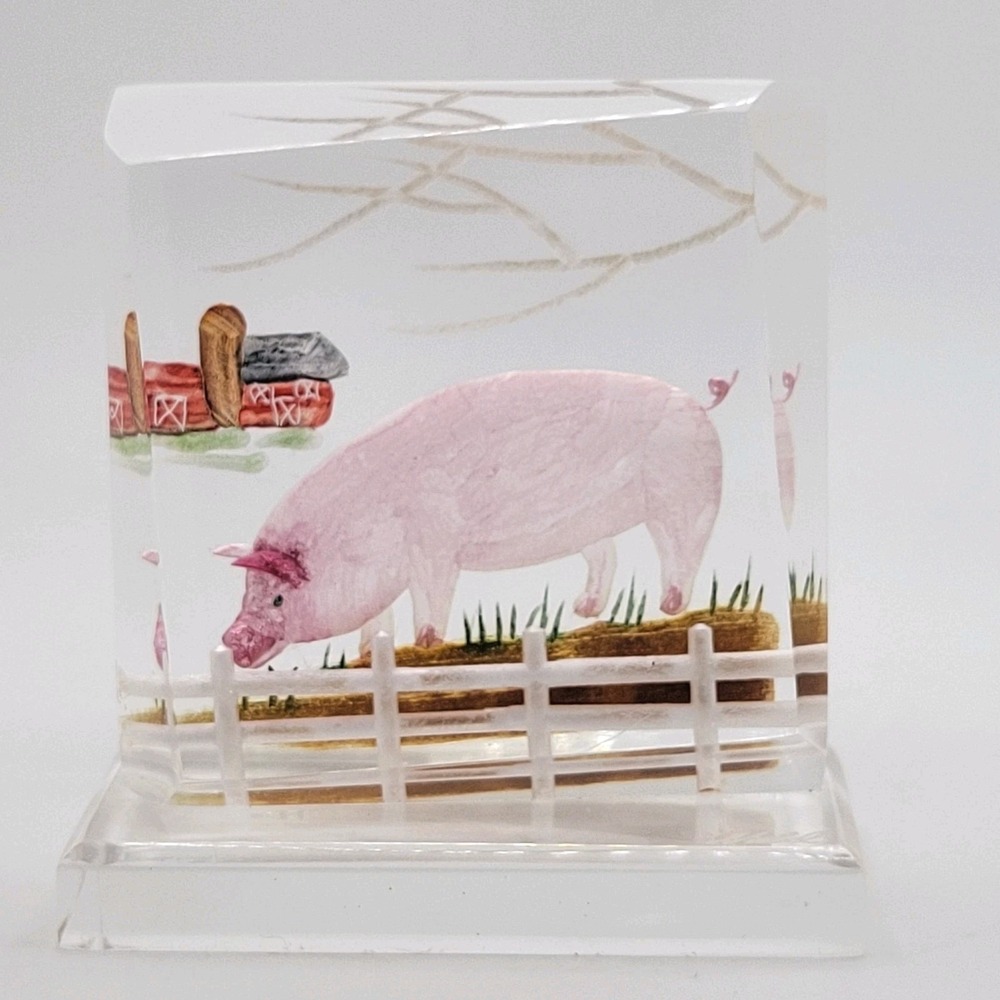 VTG Wald Hand-Carved Lucite Acrylic Pig Farm Scene Signed Farmhouse Sculpture